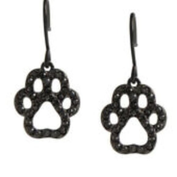 Dog Earrings Black Crystal Pave Paw Drop Earrings Size 11mmx13mm - Picture 1 of 4